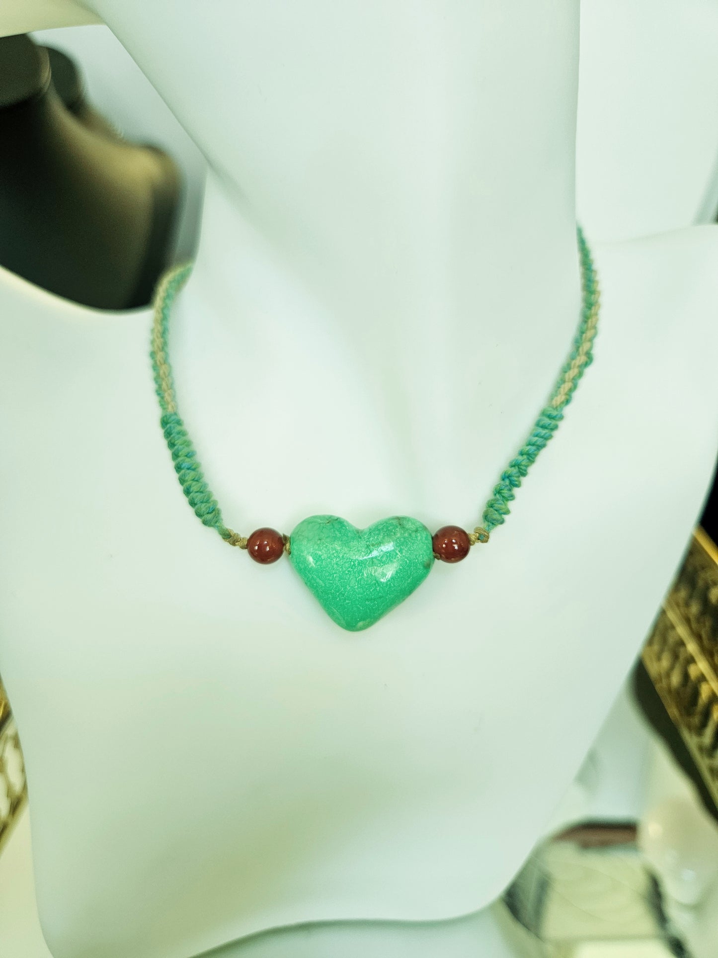 Natural Turquoise Precious Unique Green Hand Carved Heart Pendant Adjustable Necklace