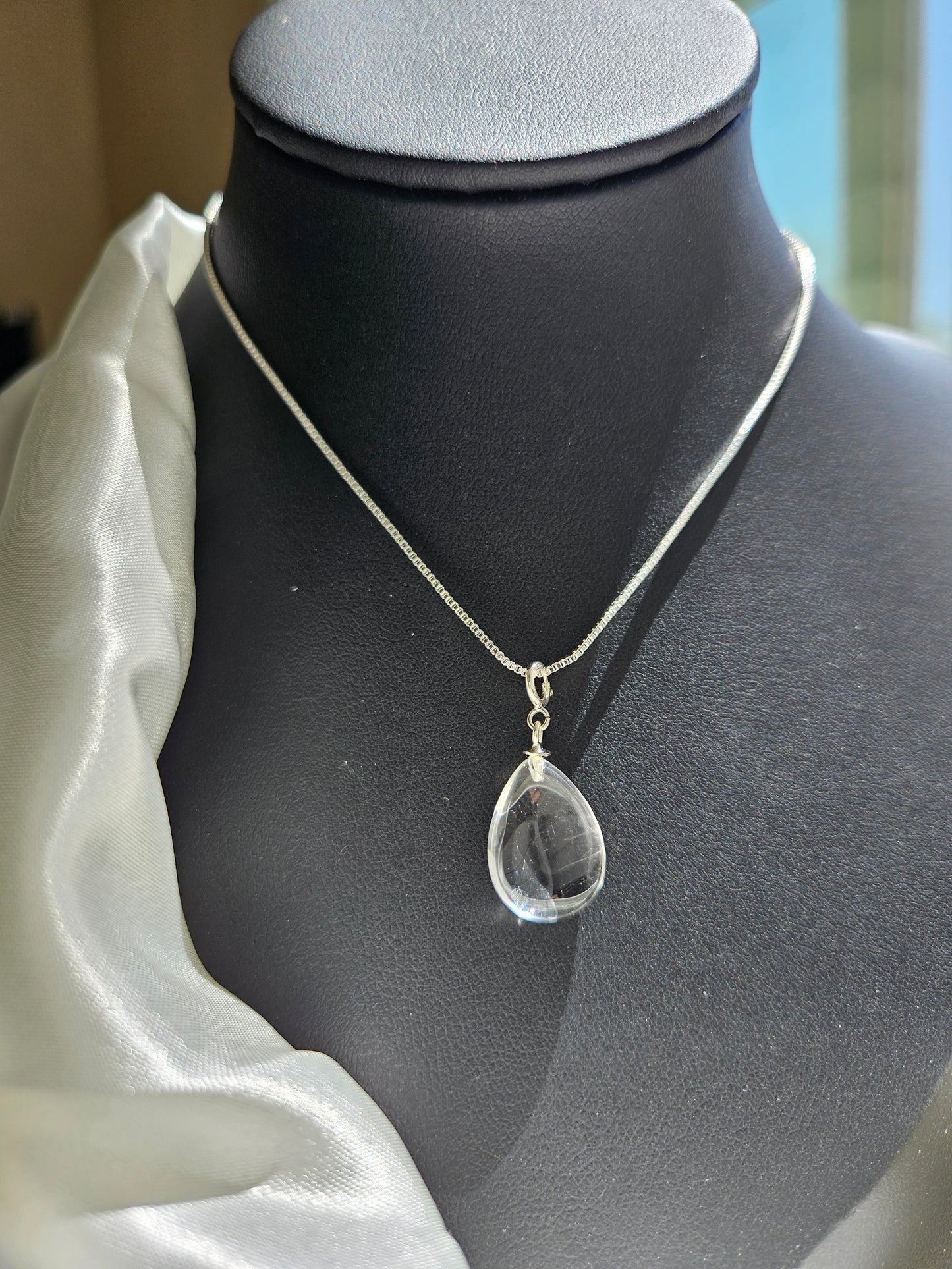 Natural White Quartz Water Droplet Shaped Necklace Silver Plated