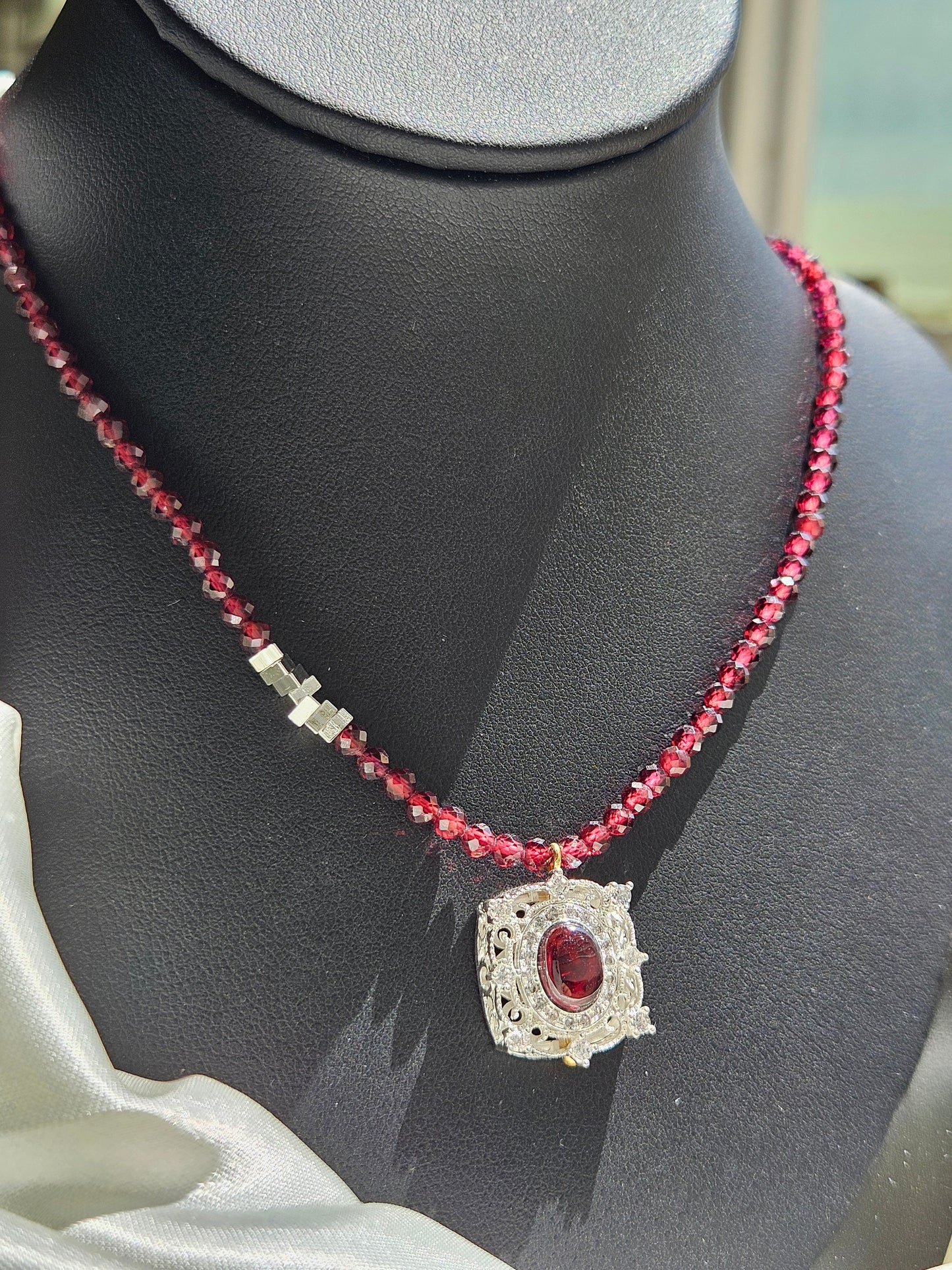 Natural Red Garnet Square Shape Necklace Silver Plated