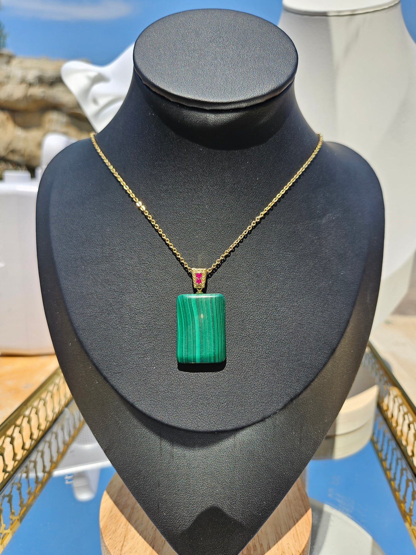 Natural Malachite Natural Textured Square Pendant Necklace