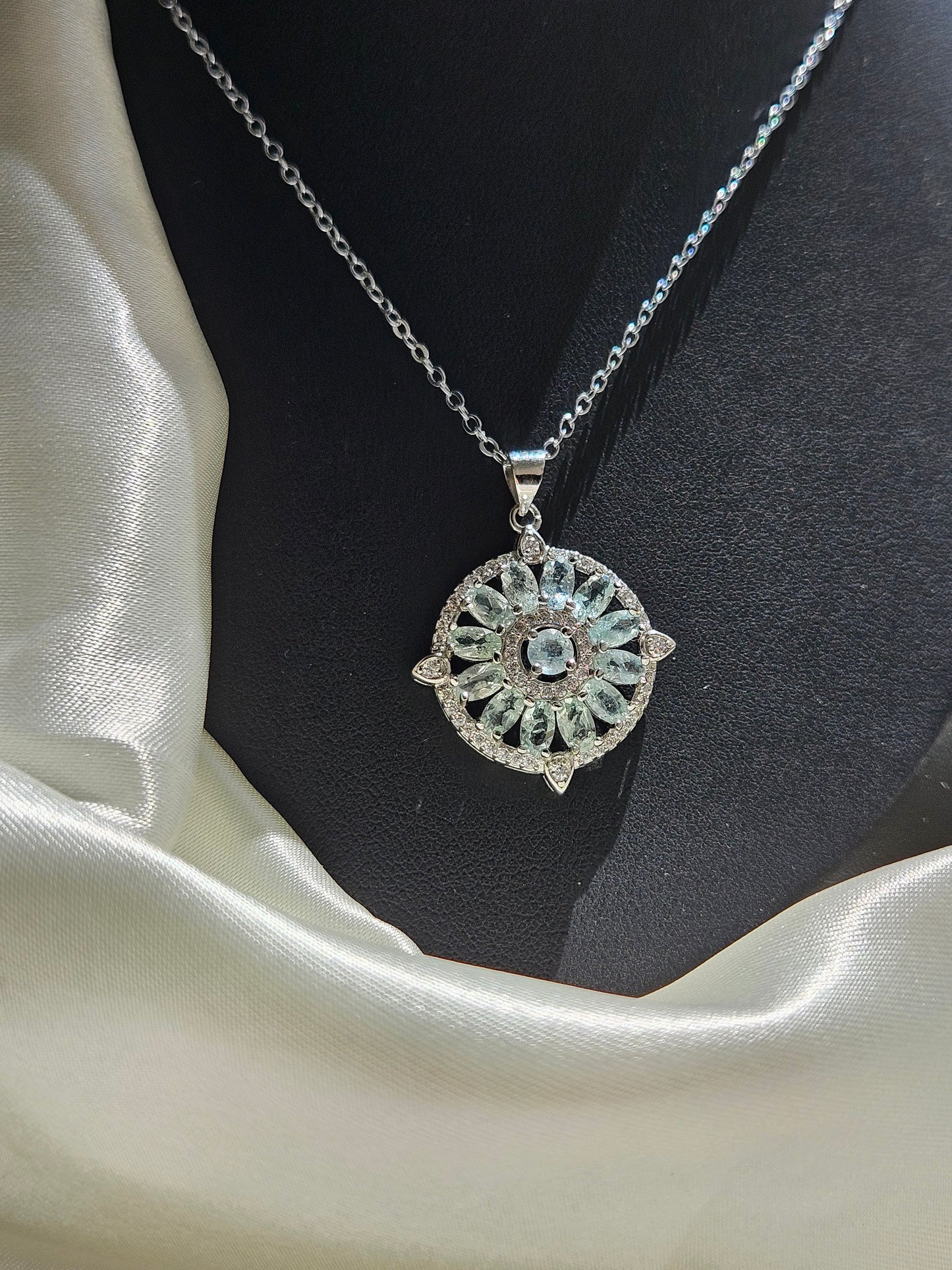 Natural Aquamarine Inlaid Sunflower Shape Pendant Necklace