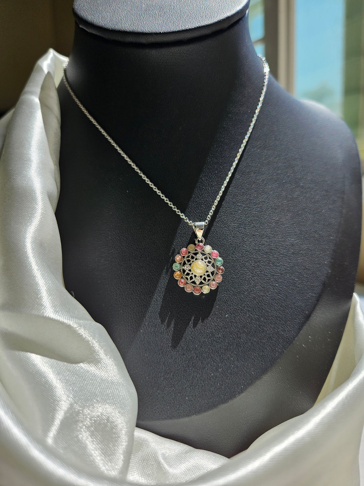 Natural Multi-Colored Tourmaline Mini Ferris Wheel Pendant Necklace