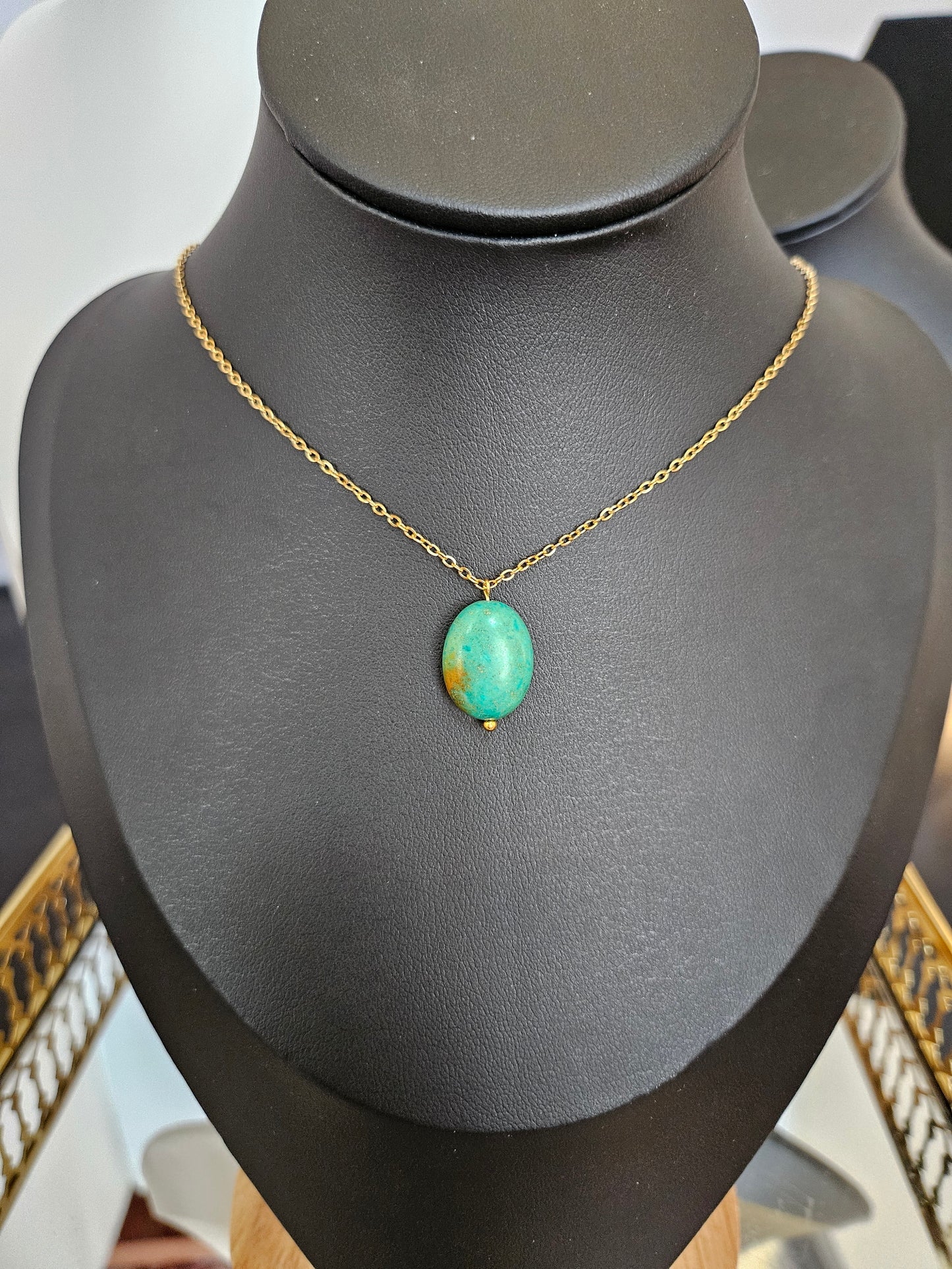 Natural Blue Multicolored Turquoise Bead Necklace Gold Plated