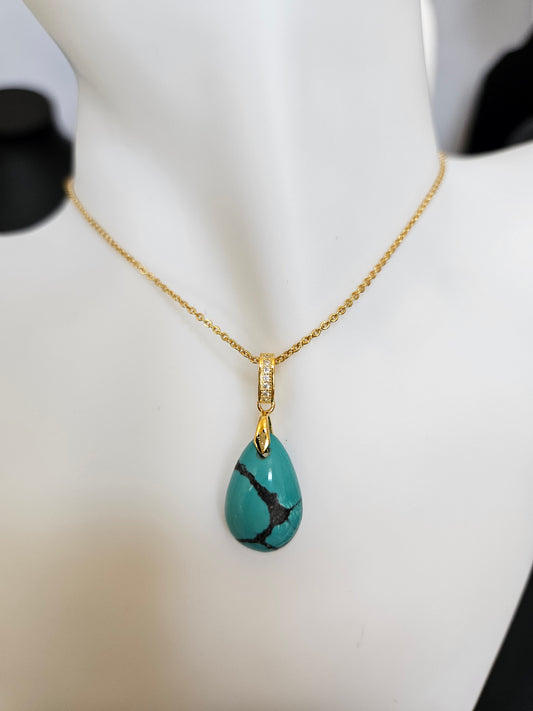 Natural Turquoise Natural Texture Teardrop-shaped Retro Pendant Gold-plated Necklace