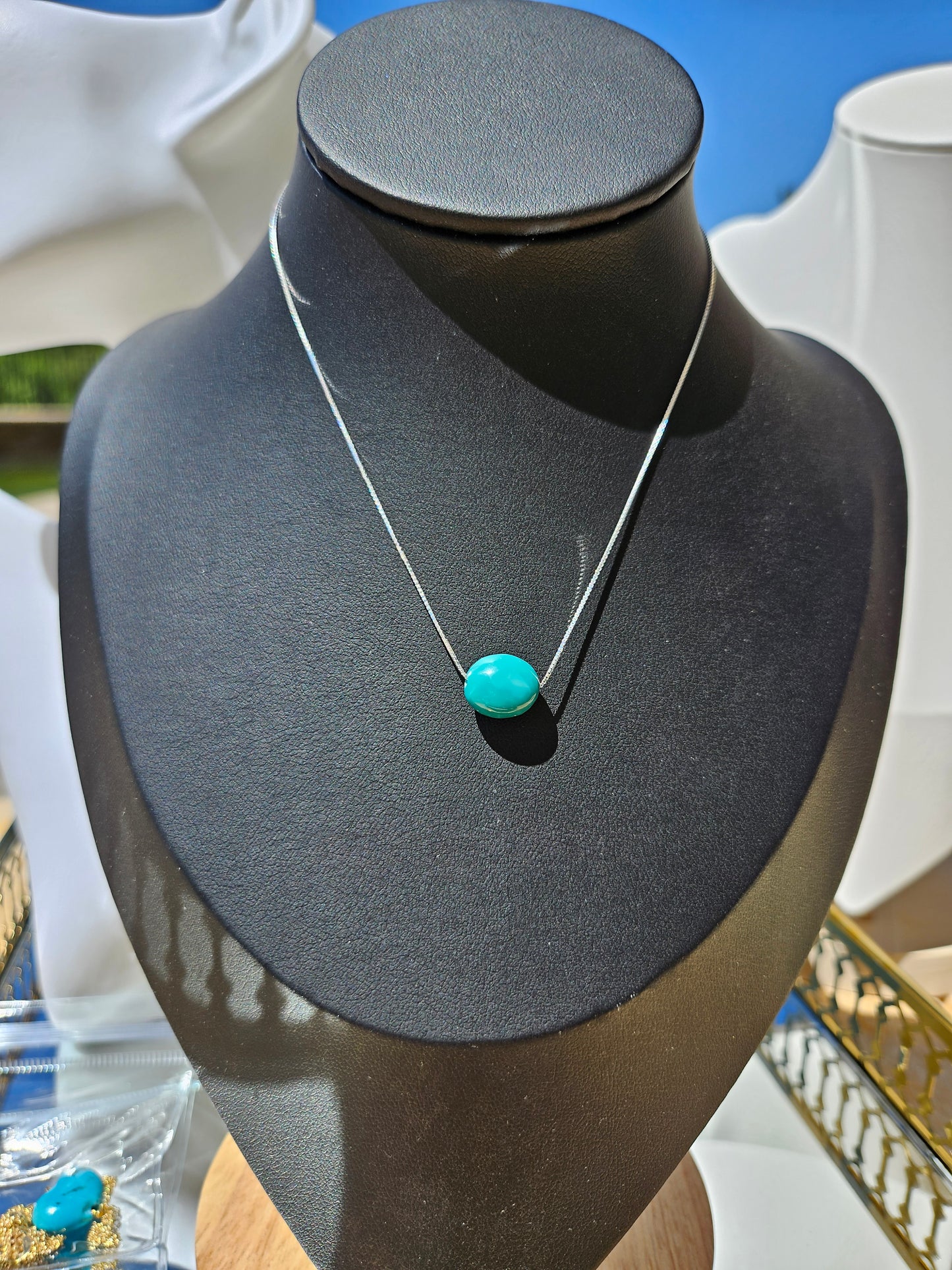 Pure Natural Turquoise Oval Bean Bead 925 Sterling Silver Necklace