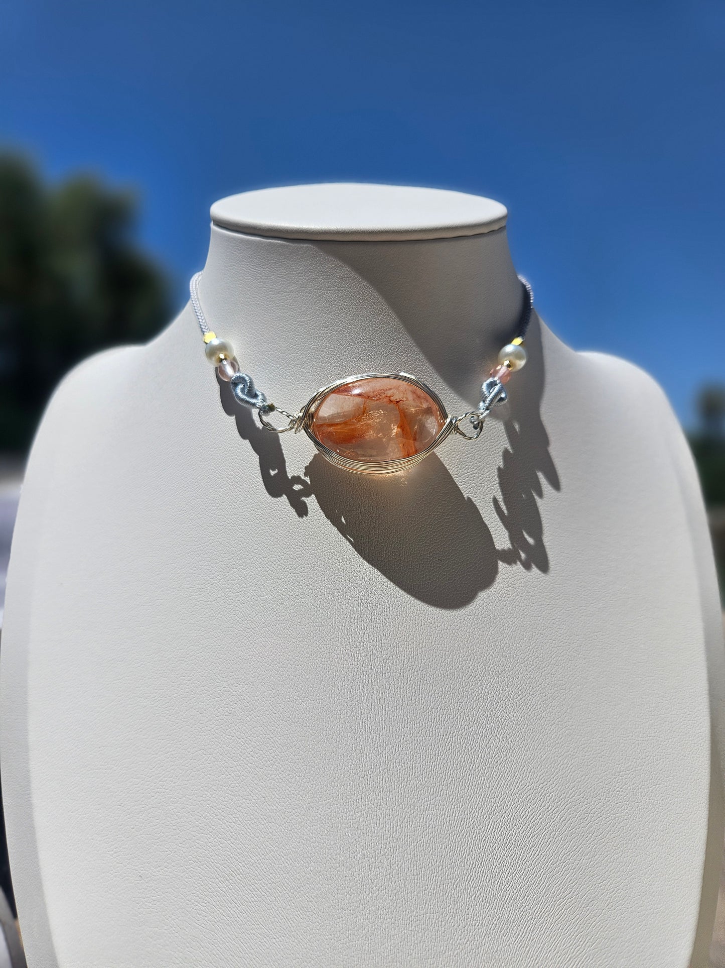 Natural Red Flower Ghost Crystal Pendant Necklace Handmade Braided Cord Adjustable