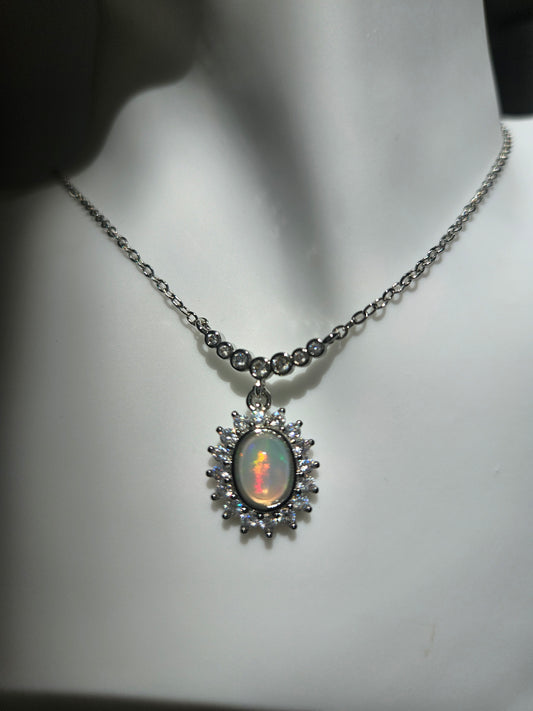 Natural Opal Necklace Oval Shape Zircon Inlay