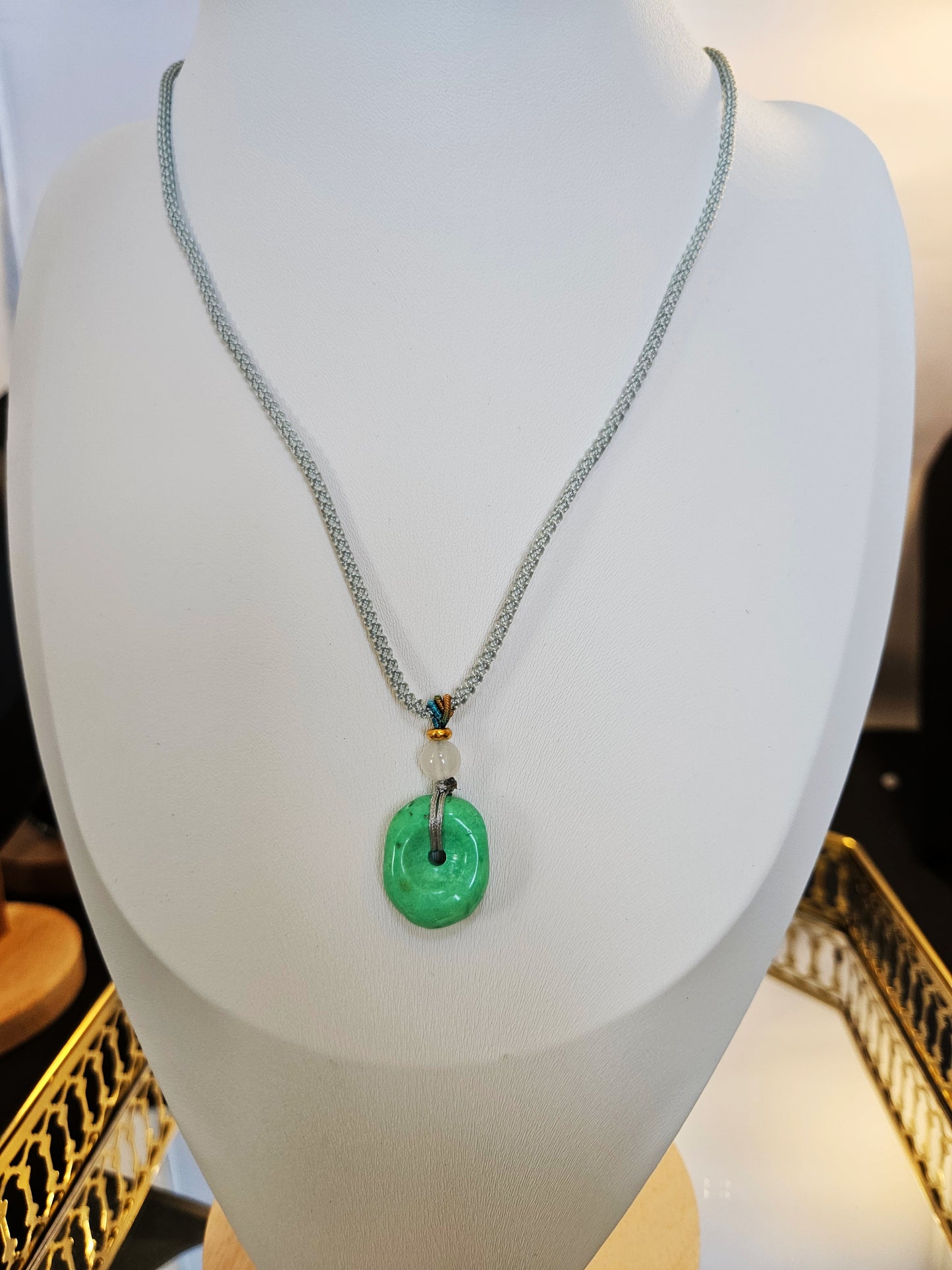 Natural Turquoise Unique Green Pendant Hand-woven Rope Adjustable Necklace