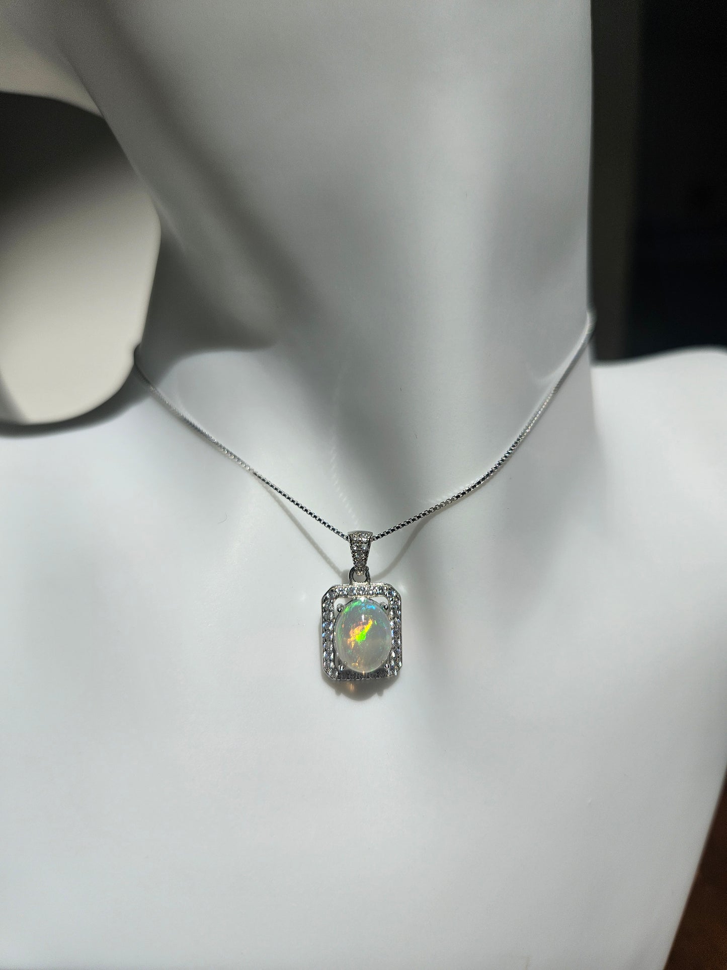 Natural Opal Rectangular Sparkling Zircon Inlaid 925 Sterling Silver Necklace