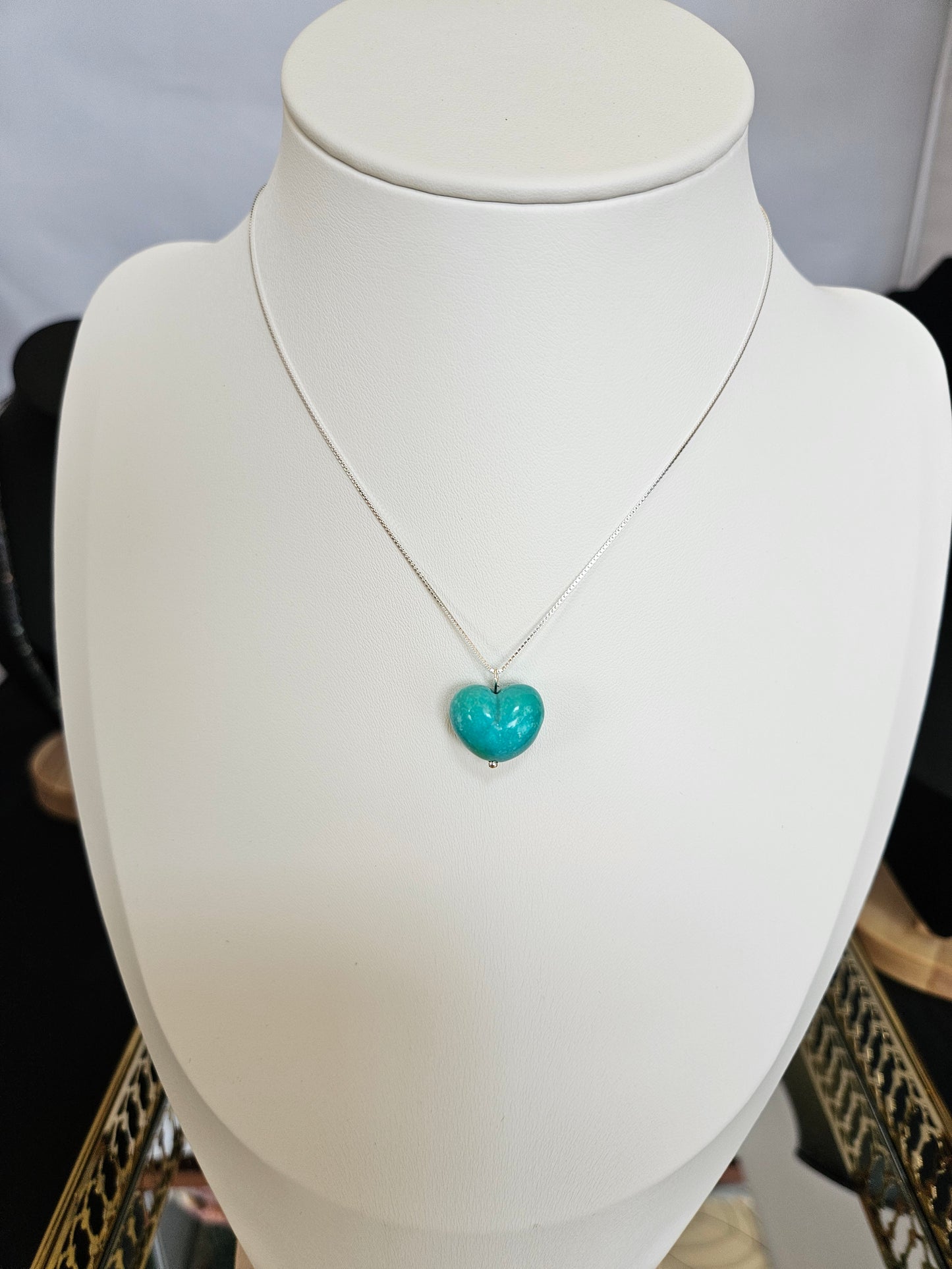 Natural Turquoise Heart Shape Vintage Pendant Hand Carved 925 Sterling Silver Necklace