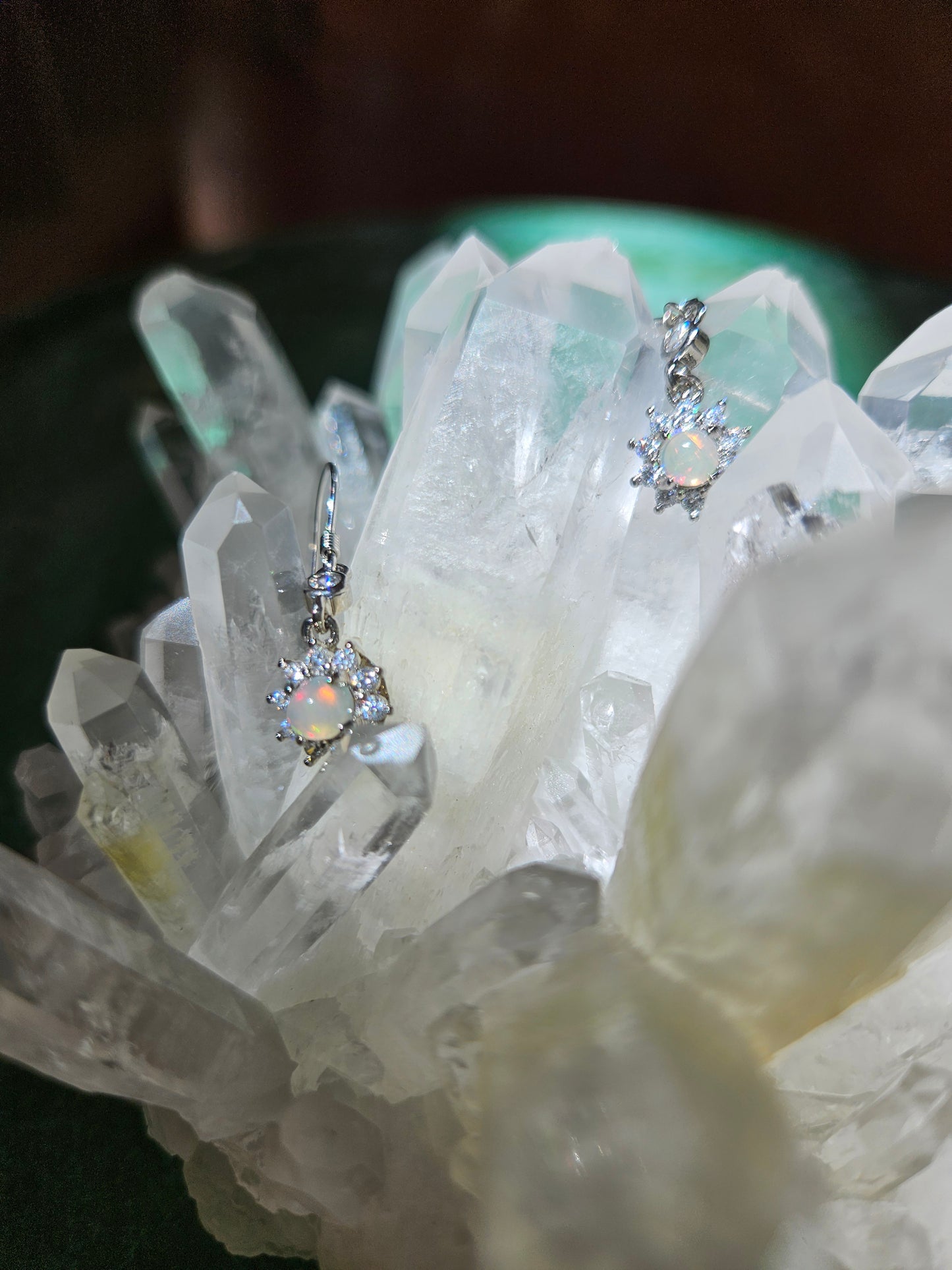 Natural opal sunflower shape pendant earrings silver plated