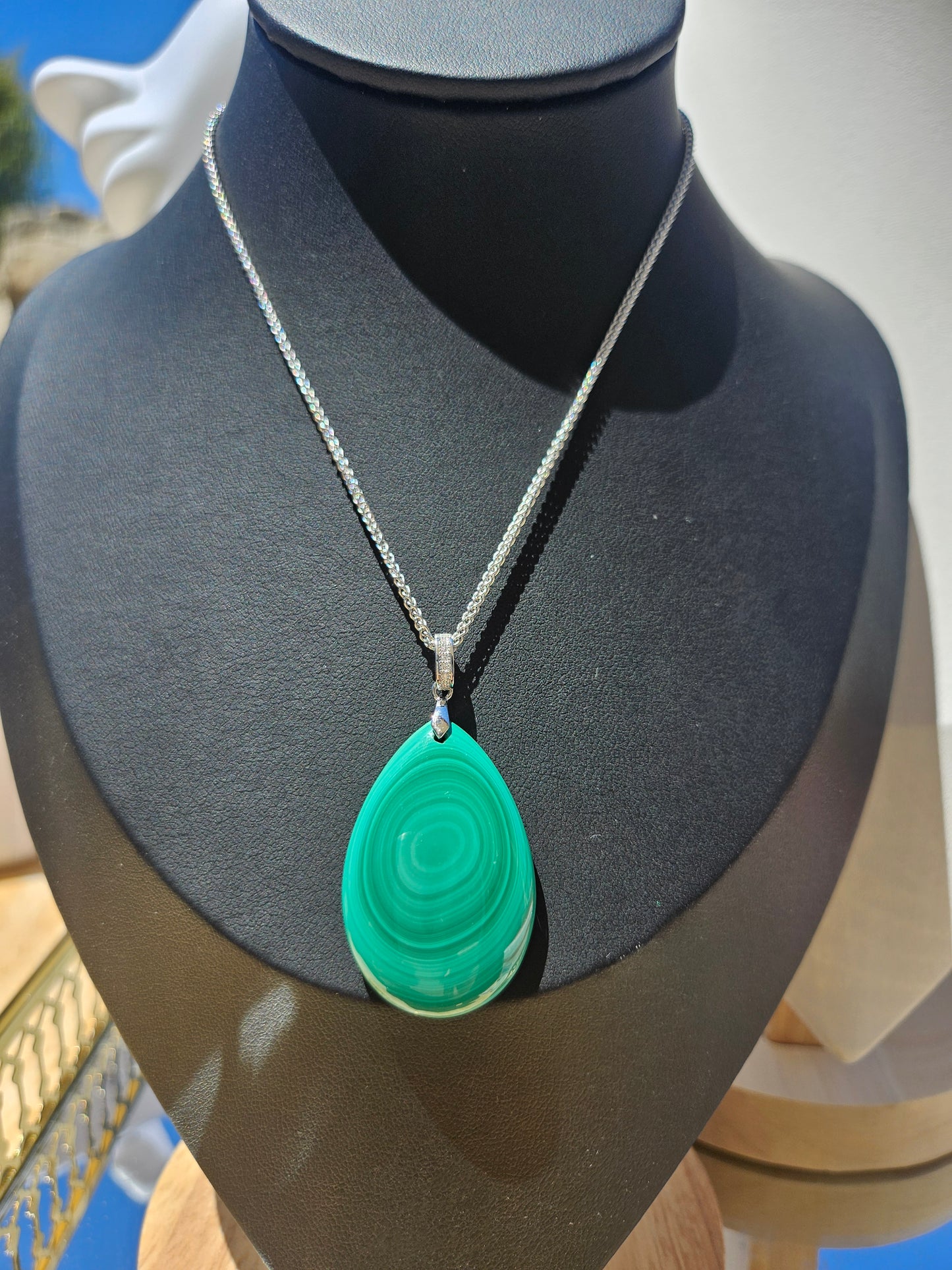 Natural Malachite Natural Texture Teardrop Pendant Silver Plated Necklace Adjustable