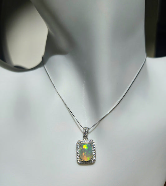 Natural Opal Rectangular Sparkling Zircon Inlaid 925 Sterling Silver Necklace