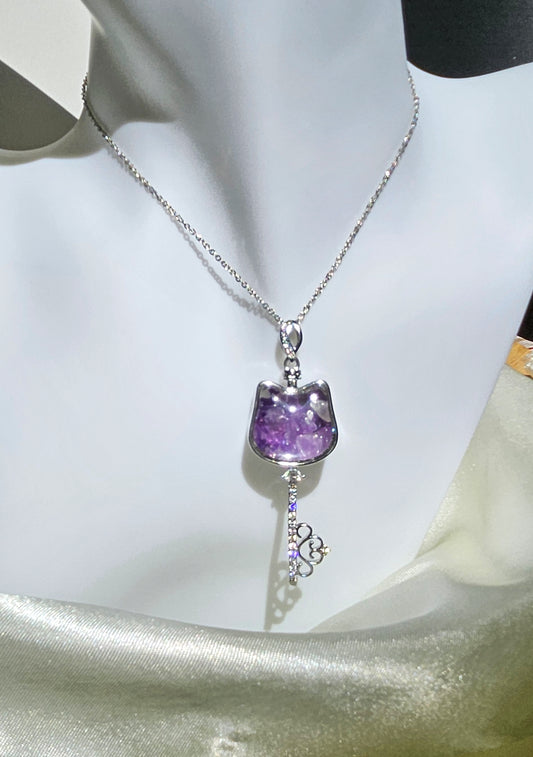 Natural Amethyst Cat Shaped Key Necklace