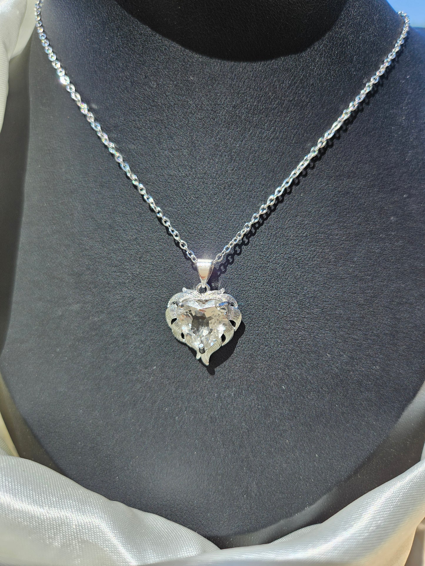 Natural White Quartz Heart Shaped Necklace Silver Plated