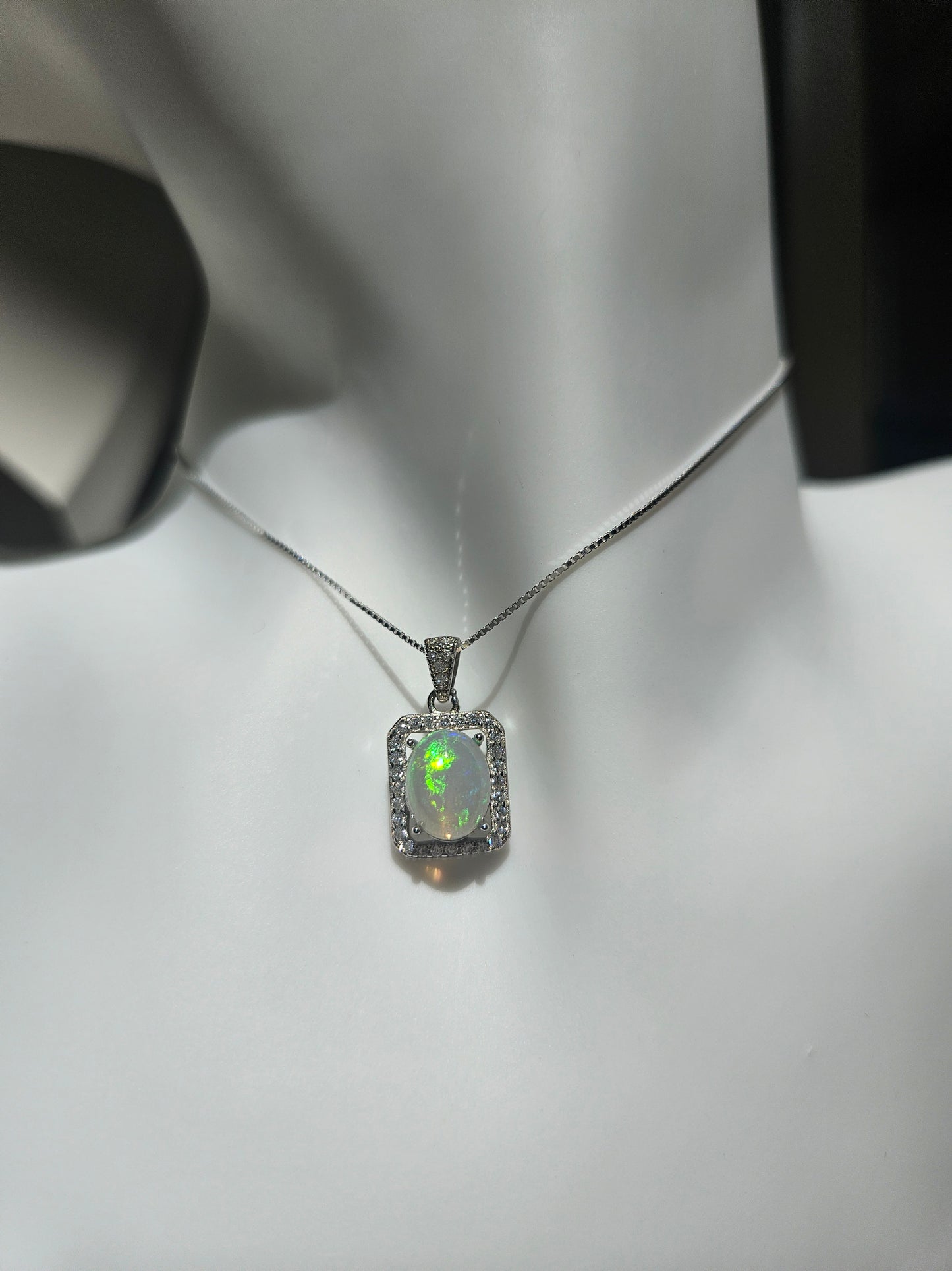 Natural Opal Rectangular Sparkling Zircon Inlaid 925 Sterling Silver Necklace