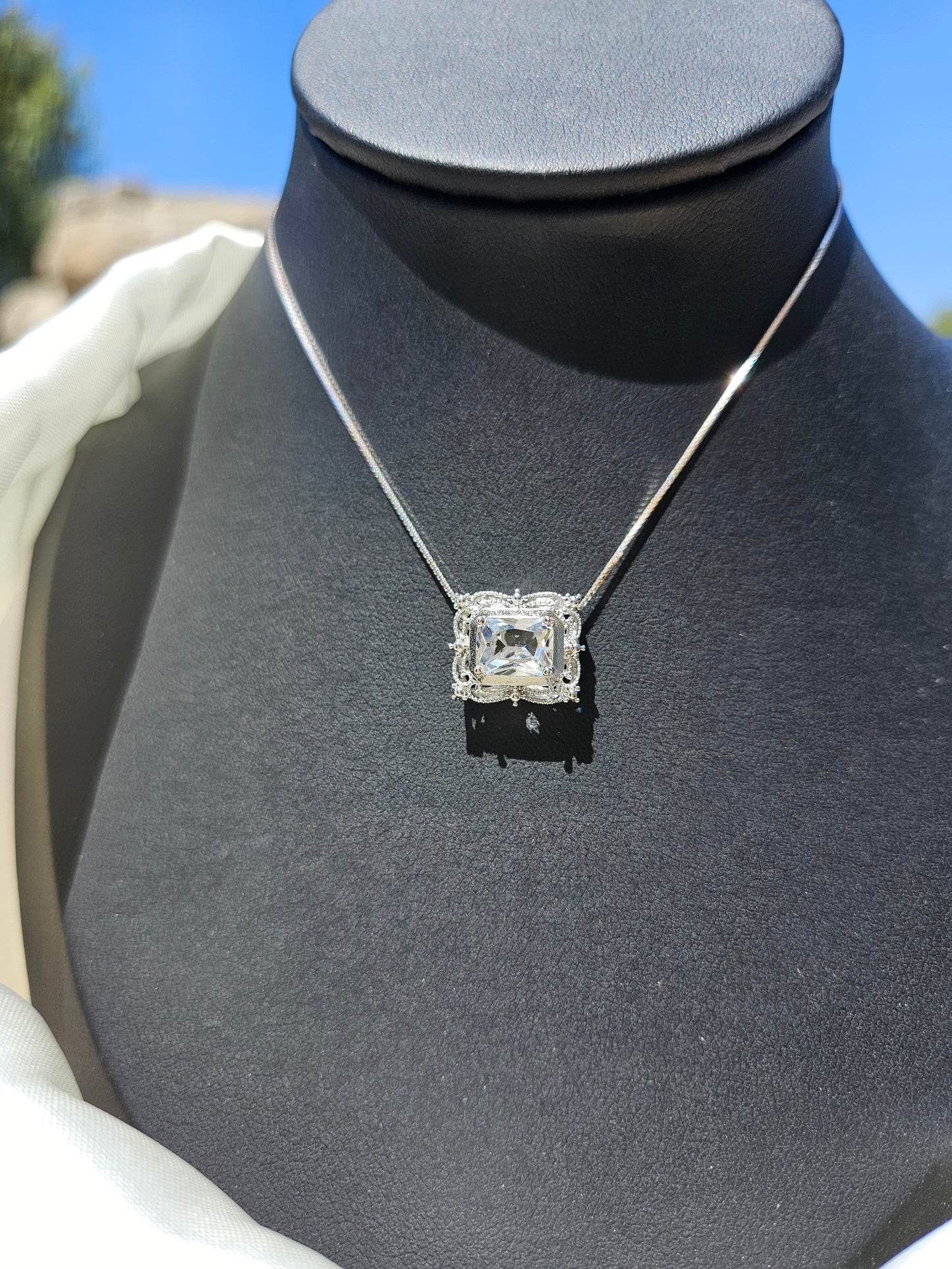 Natural White Quartz Square Shaped Necklace Silver Plated