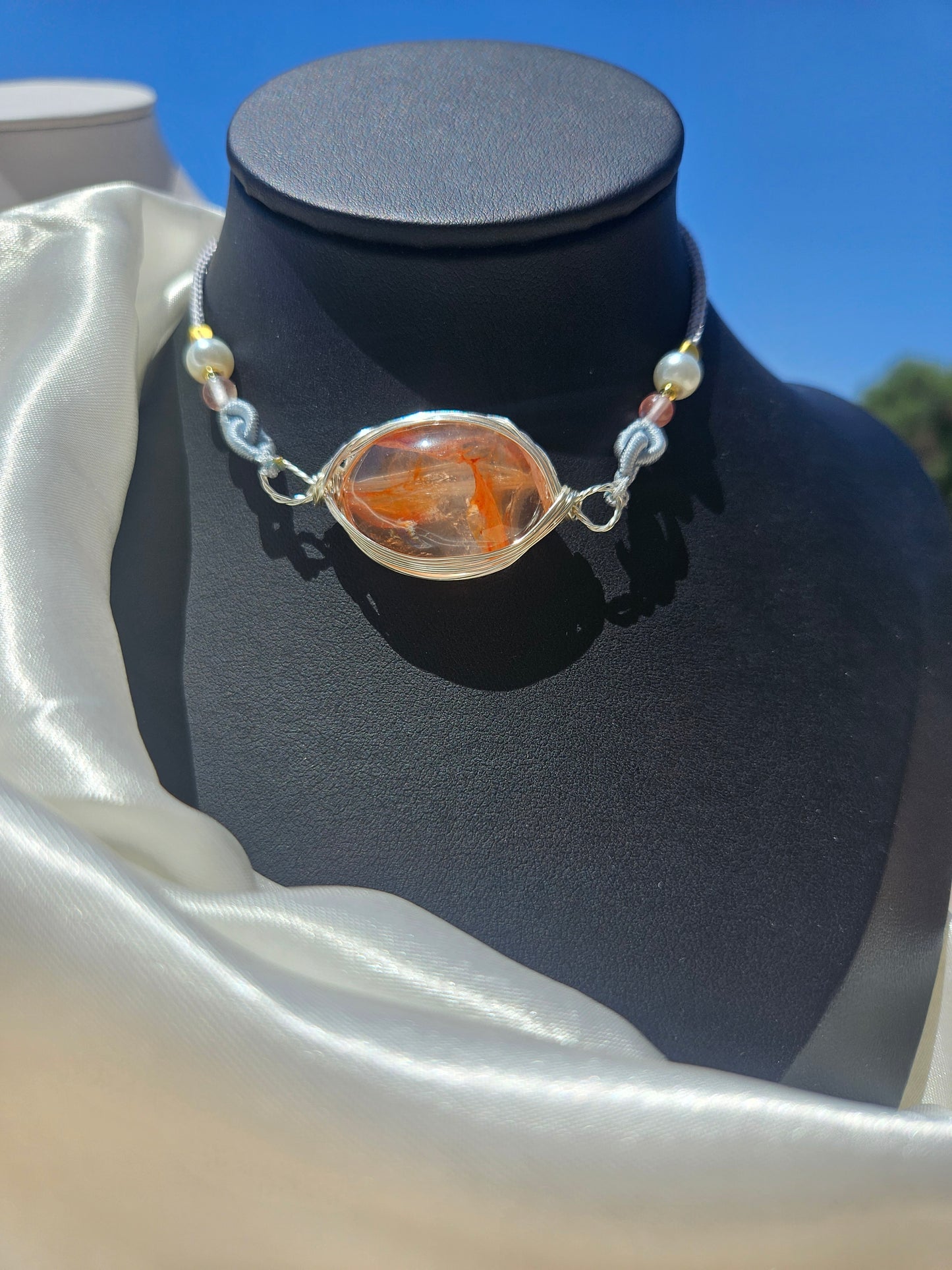 Natural Red Flower Ghost Crystal Pendant Necklace Handmade Braided Cord Adjustable