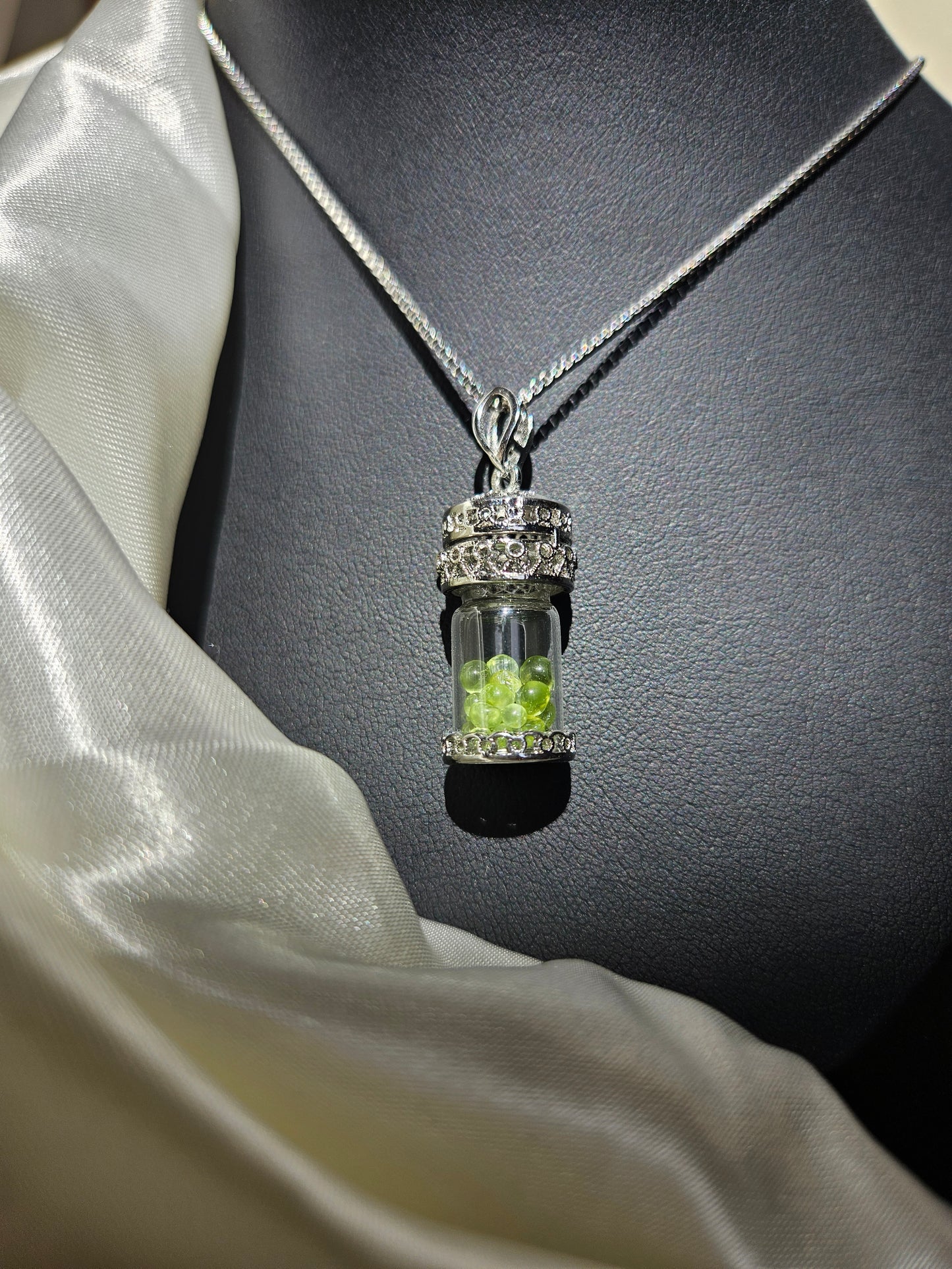 Natural Olivine Wishing Bottle Necklace Silver Plated