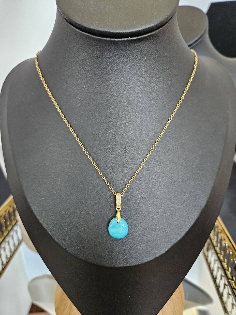 Natural Blue Turquoise Bead Necklace Gold Plated