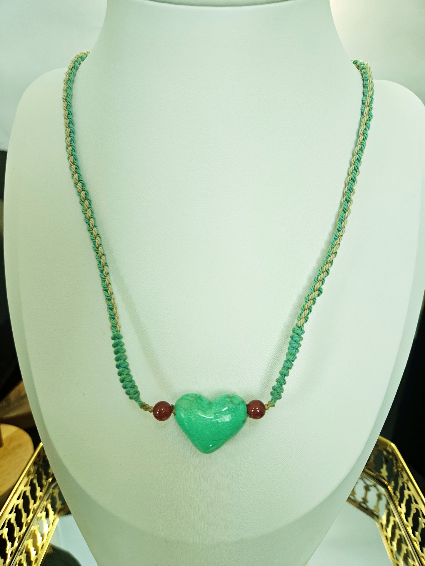Natural Turquoise Precious Unique Green Hand Carved Heart Pendant Adjustable Necklace