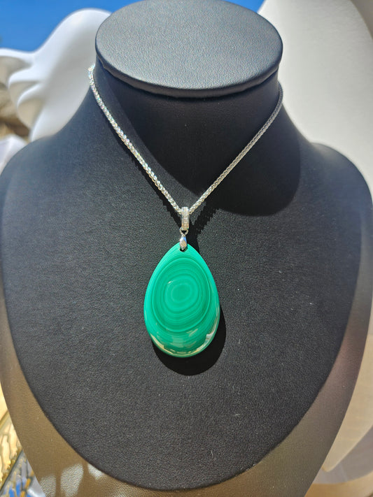 Natural Malachite Natural Texture Teardrop Pendant Silver Plated Necklace Adjustable