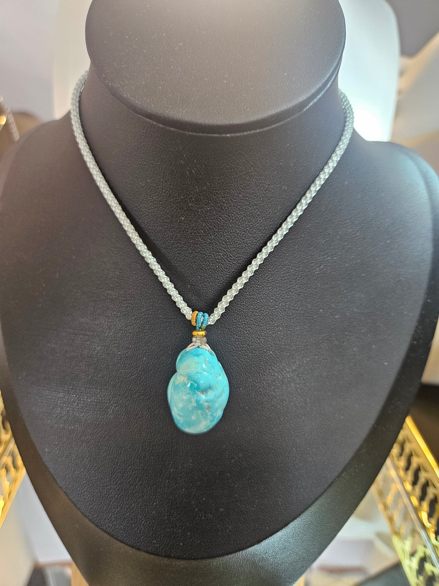Natural Turquoise Natural Shape Pendant Necklace Handmade Braided Rope Adjustable