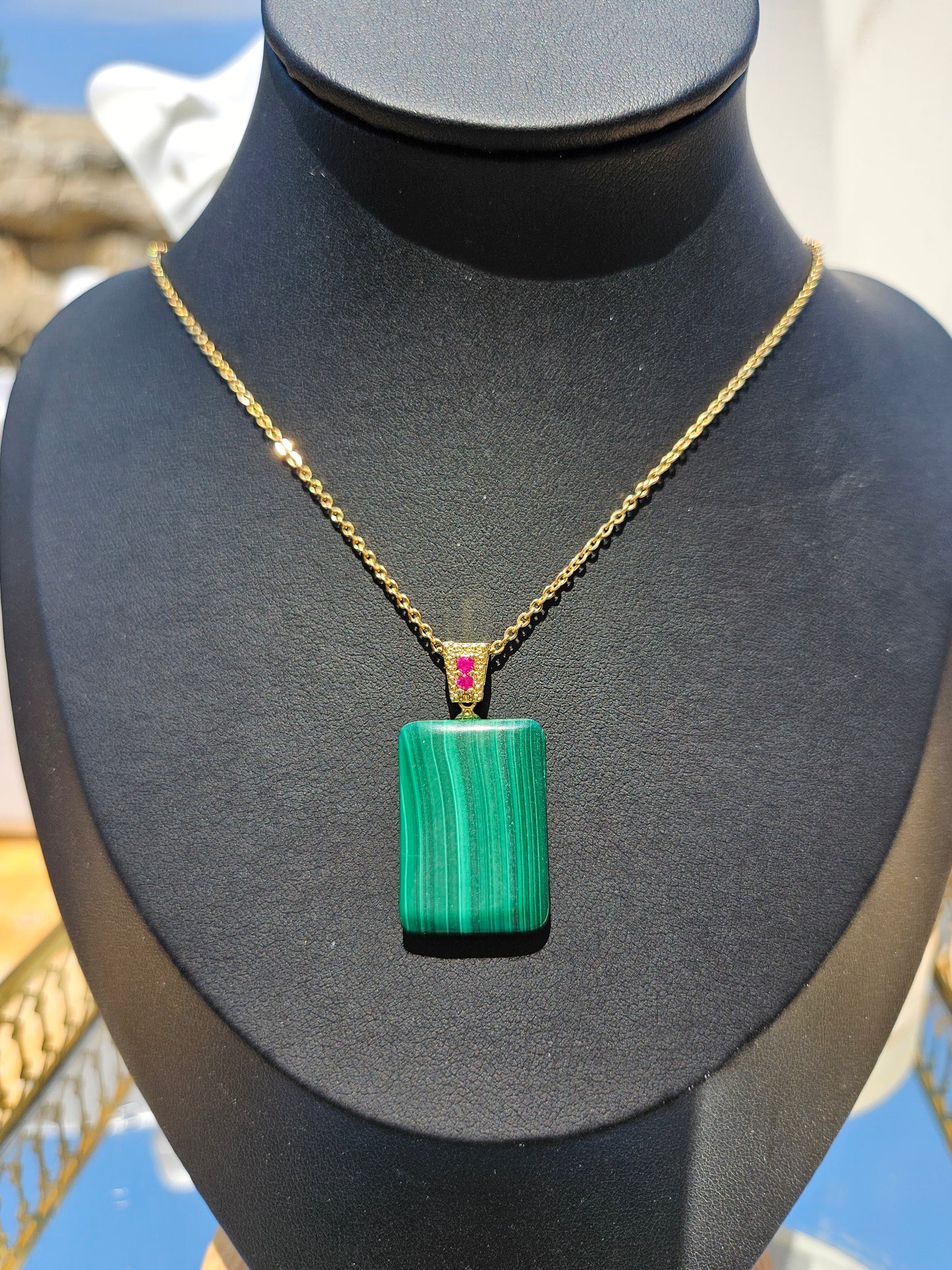 Natural Malachite Natural Textured Square Pendant Necklace