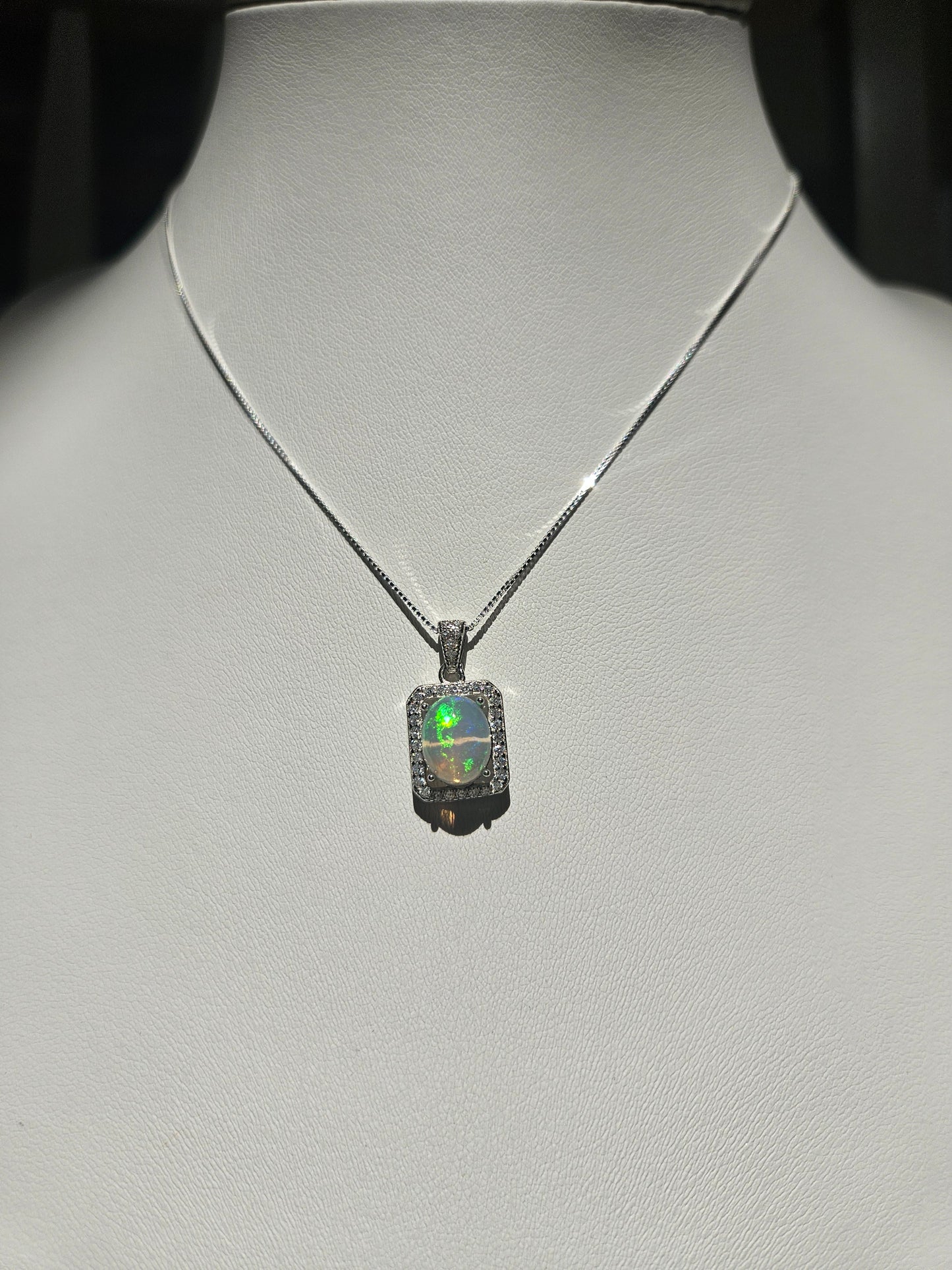 Natural Opal Rectangular Sparkling Zircon Inlaid 925 Sterling Silver Necklace