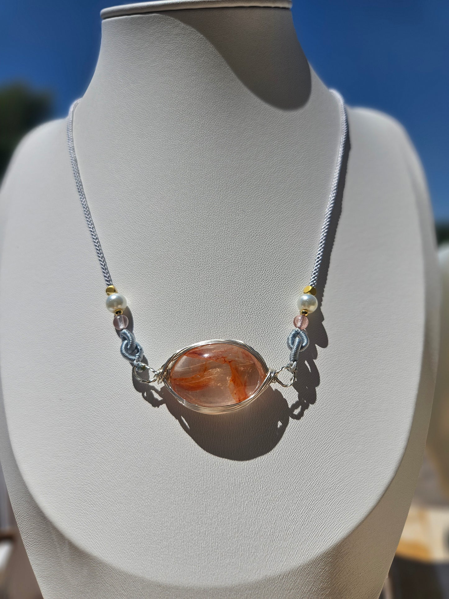 Natural Red Flower Ghost Crystal Pendant Necklace Handmade Braided Cord Adjustable