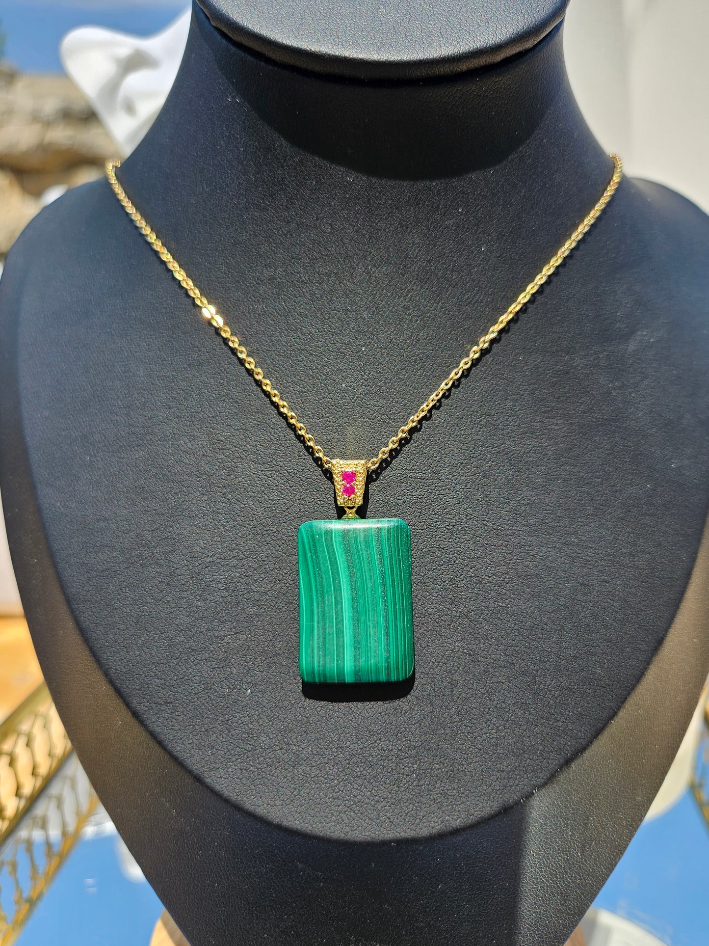 Natural Malachite Natural Textured Square Pendant Necklace
