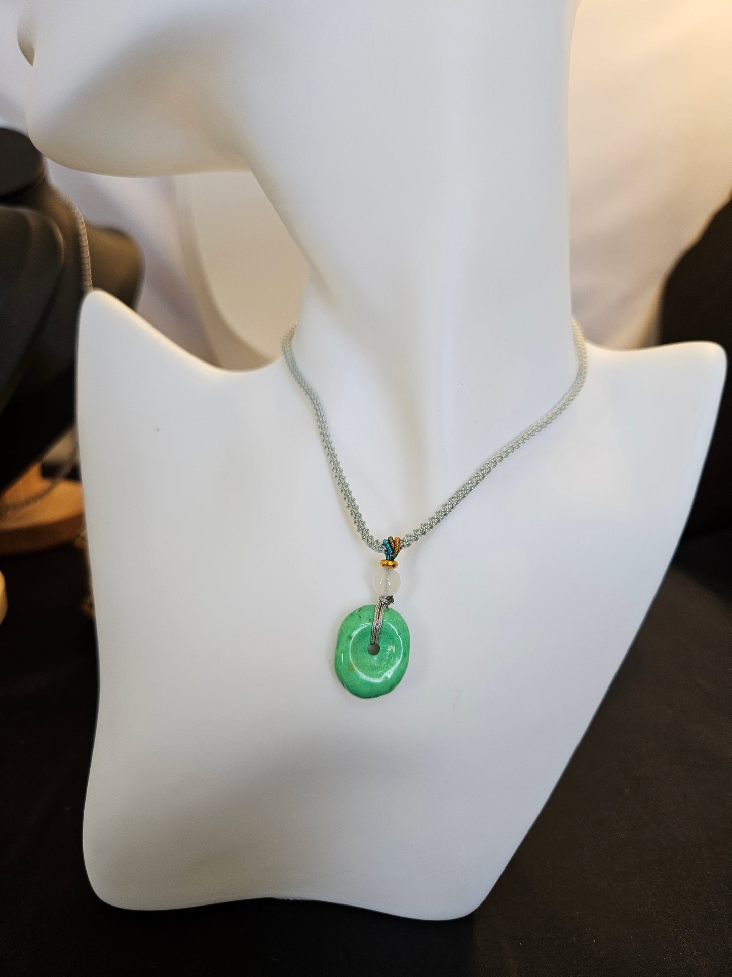 Natural Turquoise Unique Green Pendant Hand-woven Rope Adjustable Necklace