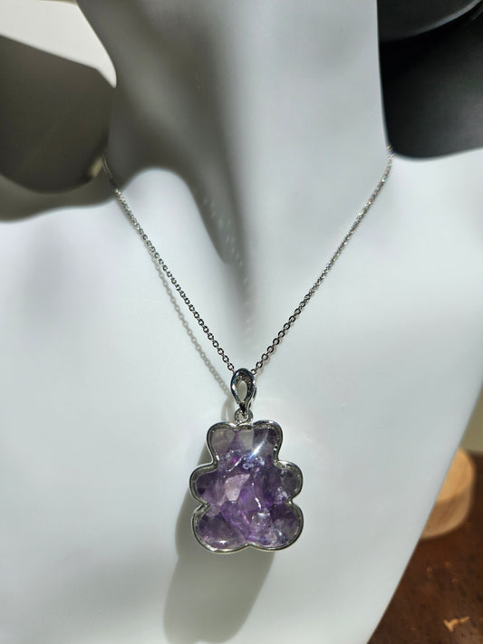 Natural Amethyst Teddy Bear Shape Necklace
