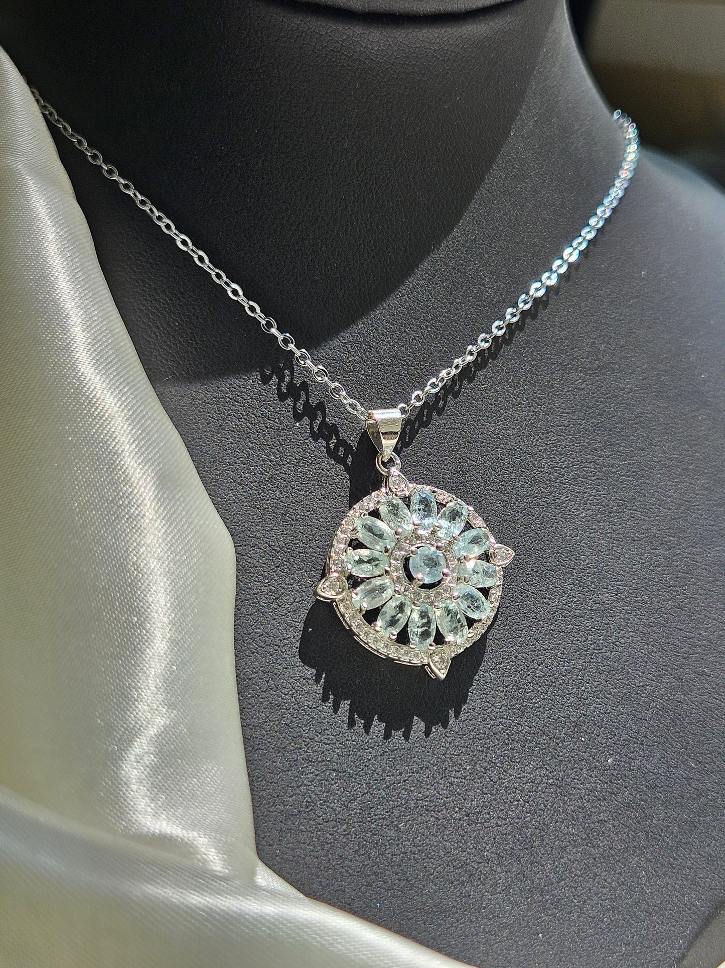 Natural Aquamarine Inlaid Sunflower Shape Pendant Necklace