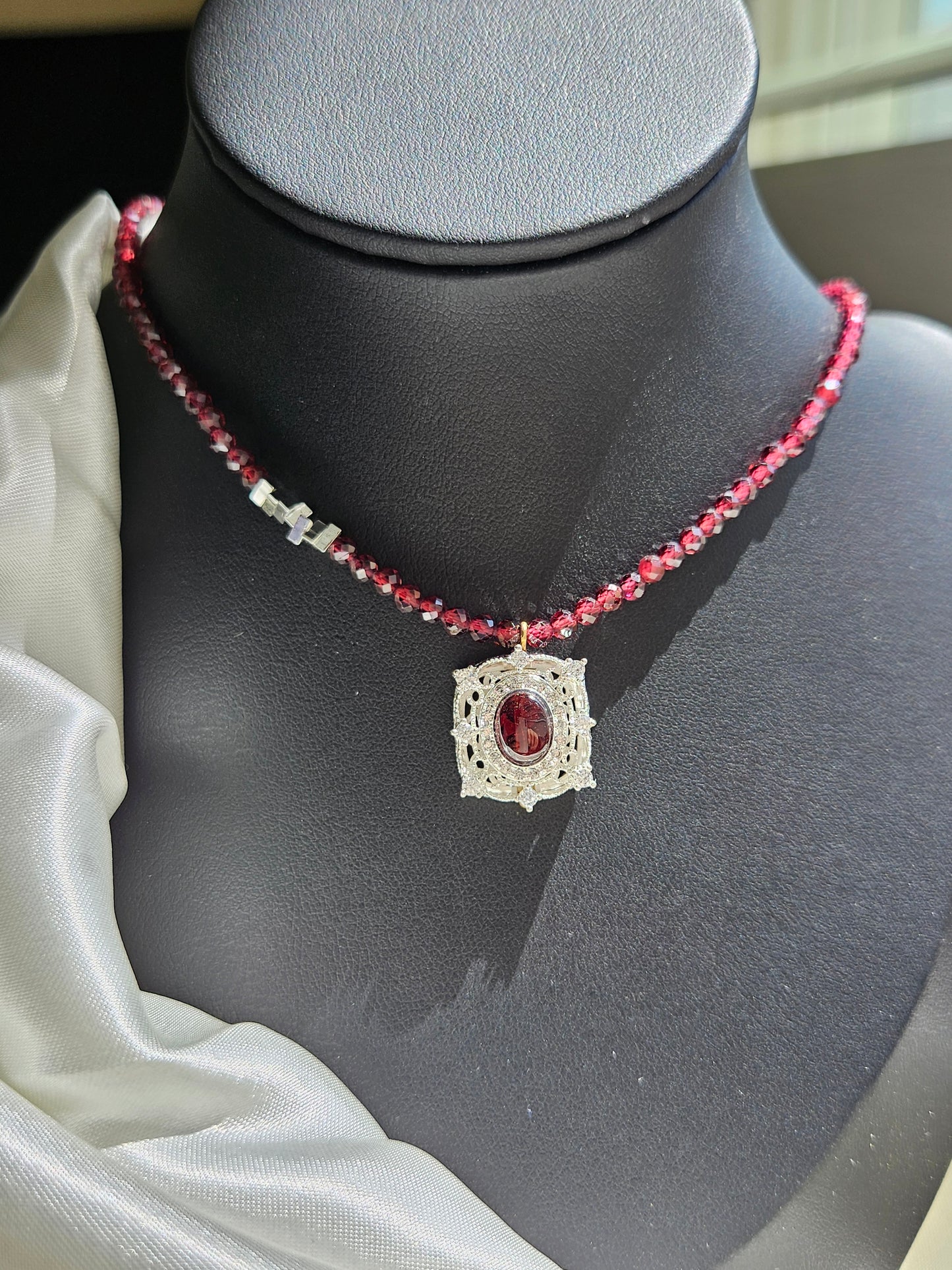 Natural Red Garnet Square Shape Necklace Silver Plated