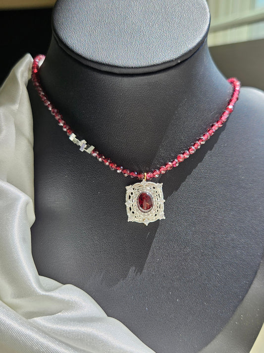 Natural Red Garnet Square Shape Necklace Silver Plated