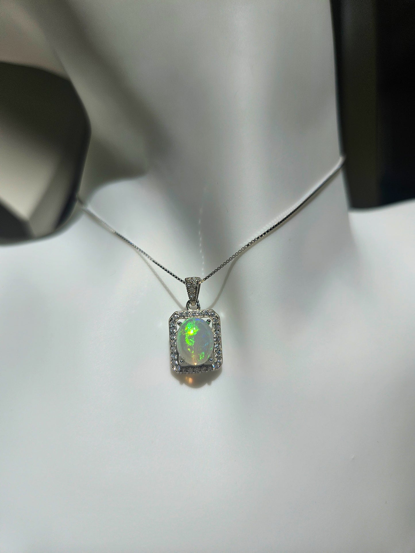 Natural Opal Rectangular Sparkling Zircon Inlaid 925 Sterling Silver Necklace
