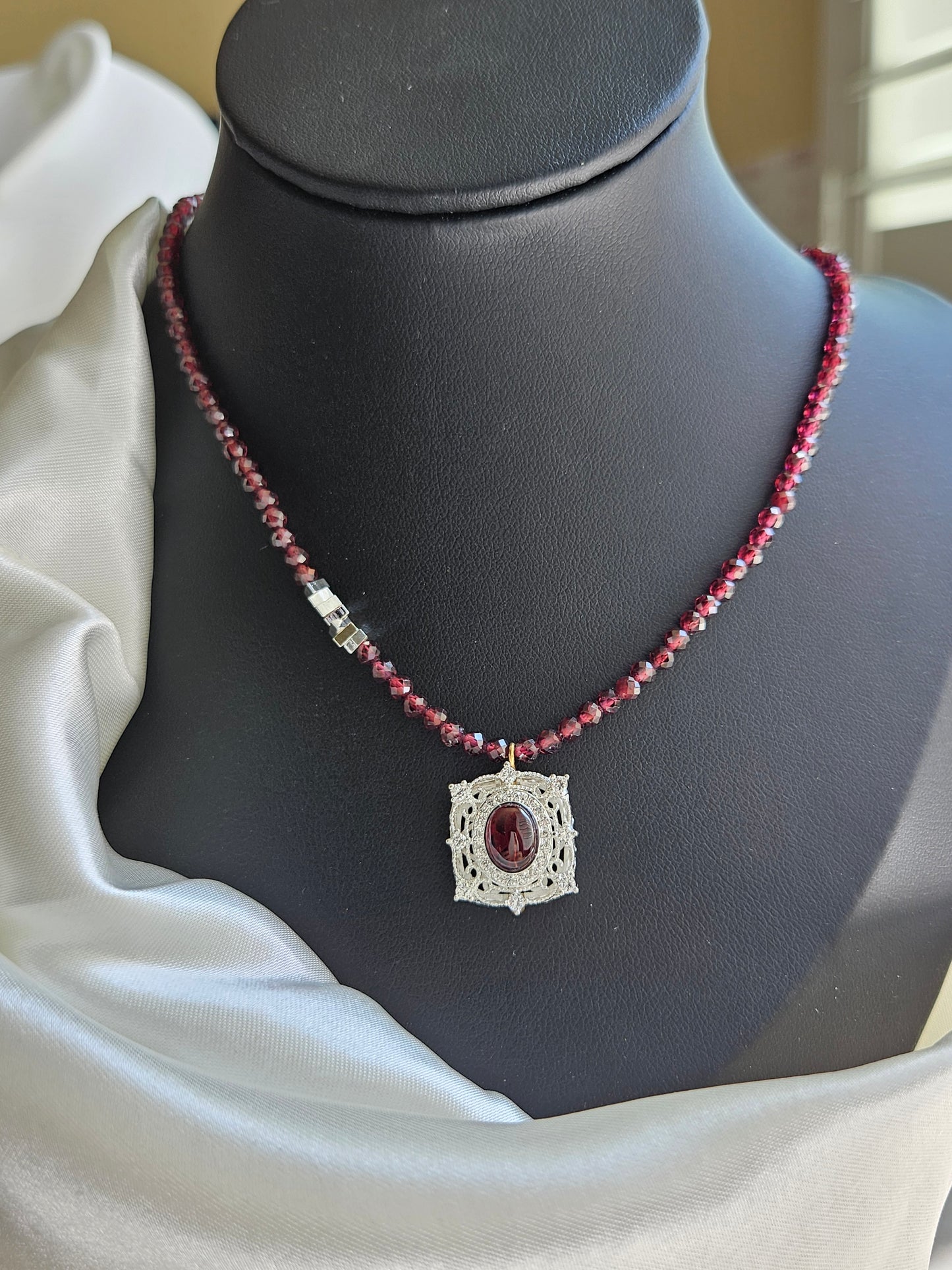 Natural Red Garnet Square Shape Necklace Silver Plated