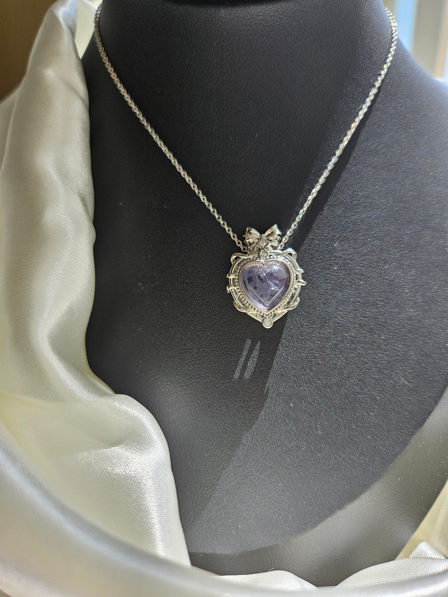 Natural Fluorite Heart Shaped Necklace Silver Plated