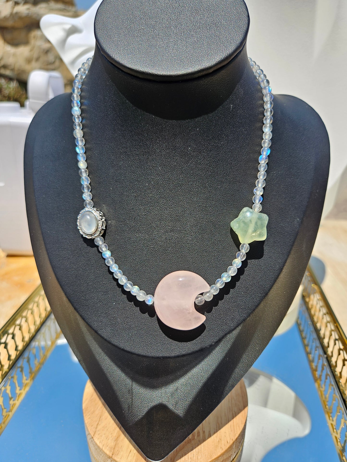 "Summer Night Stars and Moon" natural rose quartz and green hair crystal with pure natural moonstone bead necklace