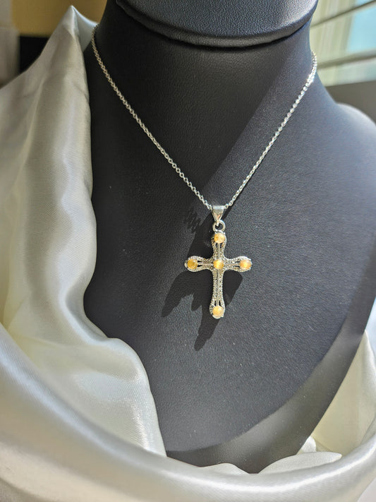 Natural Quartz Inlaid Cross Shaped Necklace