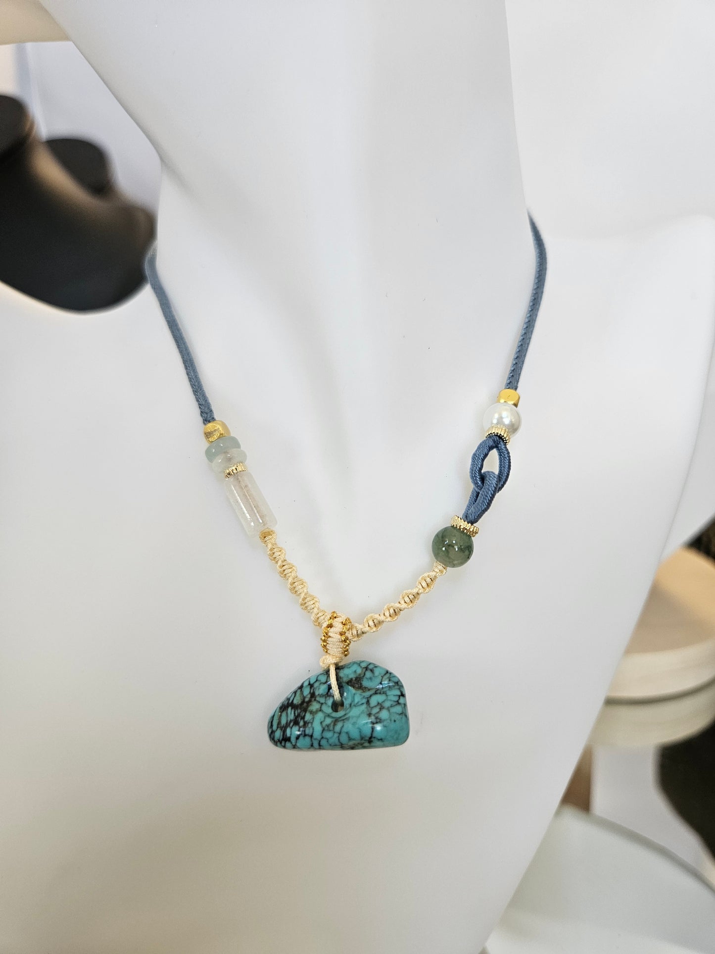 Natural Turquoise Unique Natural Texture Pendant Hand-woven Cord Adjustable Necklace