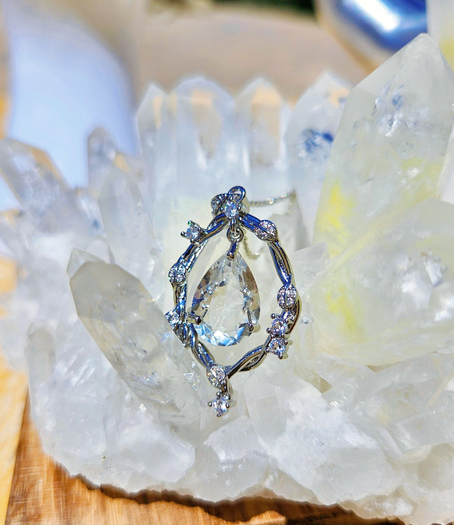 Natural White Quartz Water Droplet Shaped Necklace Silver Plated
