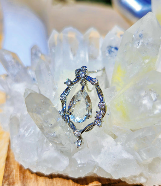 Natural White Quartz Water Droplet Shaped Necklace Silver Plated