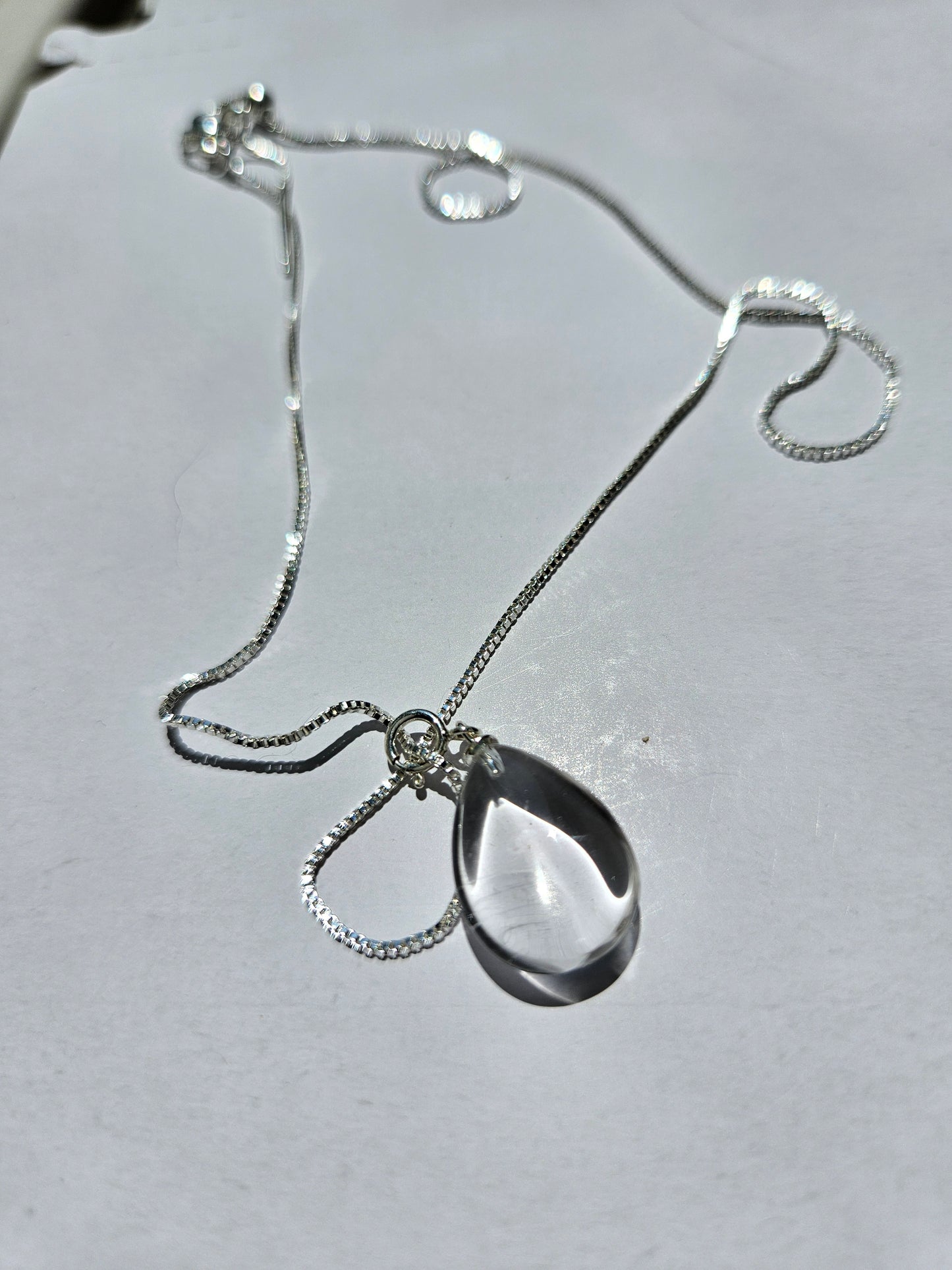 Natural White Quartz Water Droplet Shaped Necklace Silver Plated