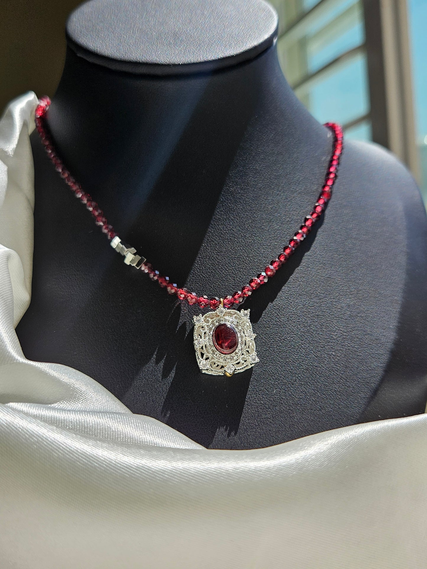 Natural Red Garnet Square Shape Necklace Silver Plated
