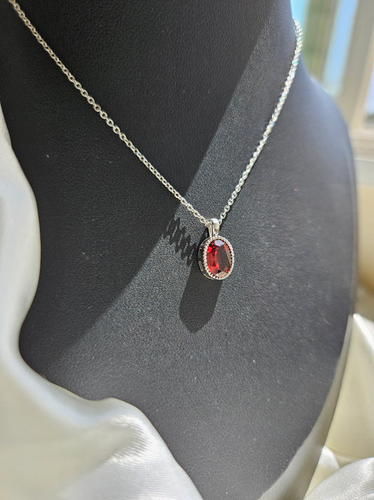 Natural Red Garnet Oval Shape Necklace Silver Plated