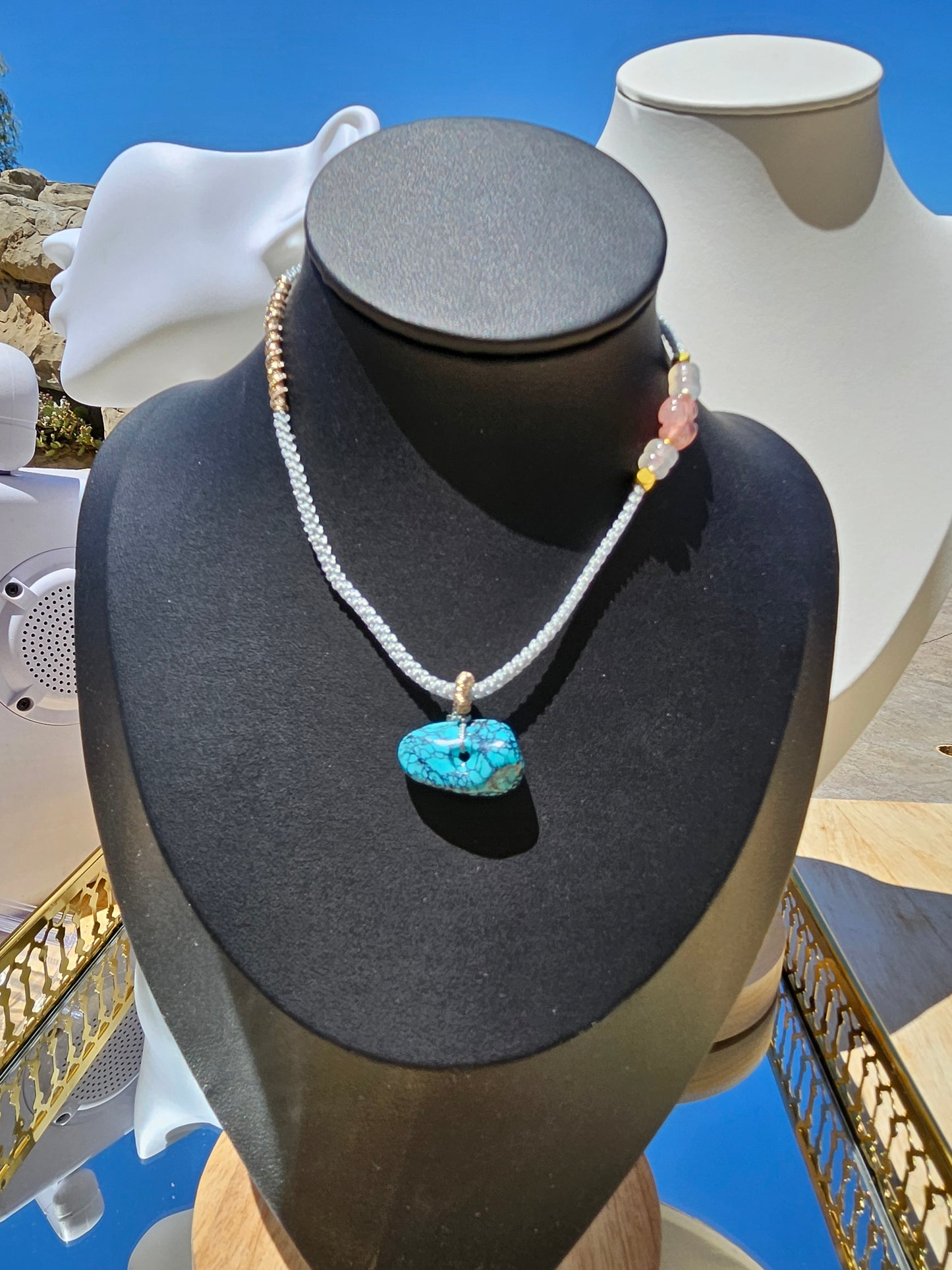 Natural Turquoise Button-shaped Vintage Pendant Hand-woven Rope Adjustable Necklace