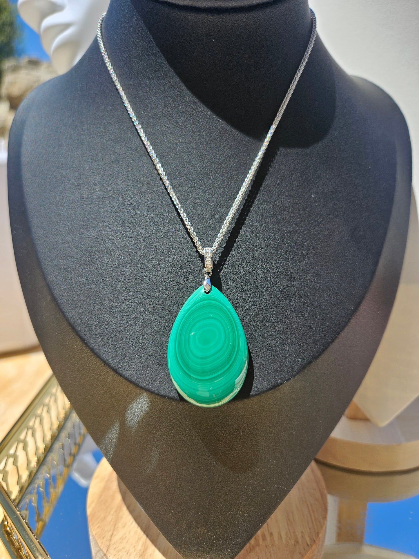 Natural Malachite Natural Texture Teardrop Pendant Silver Plated Necklace Adjustable