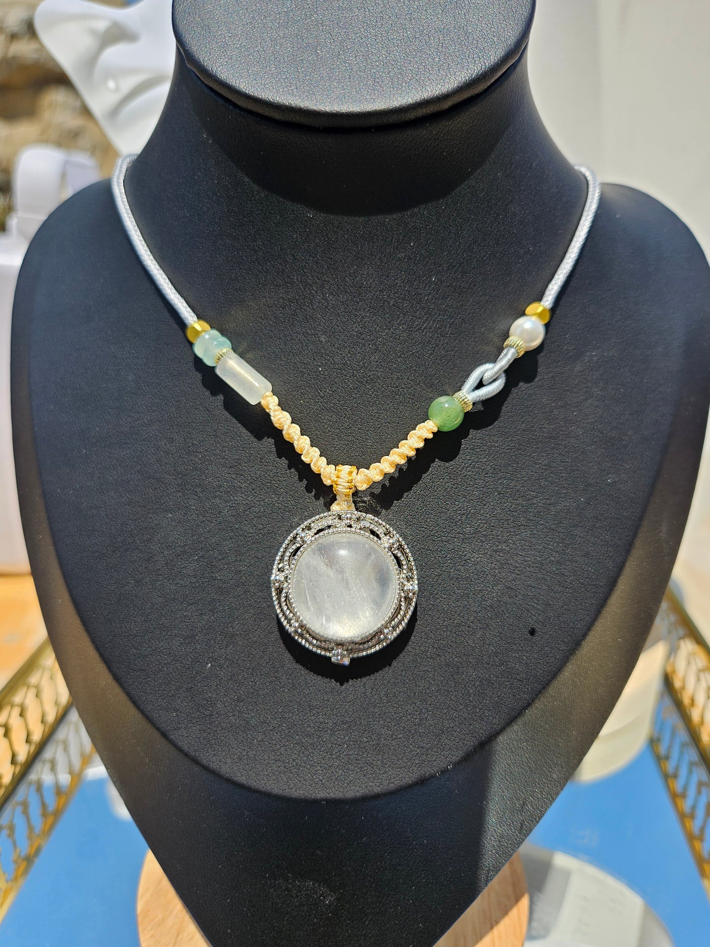 Natural White Crystal Round Pendant Necklace  Hand-woven Rope Adjustable